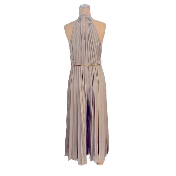 Halston Heritage Halter Pleated Wide Leg Jumpsuit Atmosphere Beige. - Picture 7 of 13
